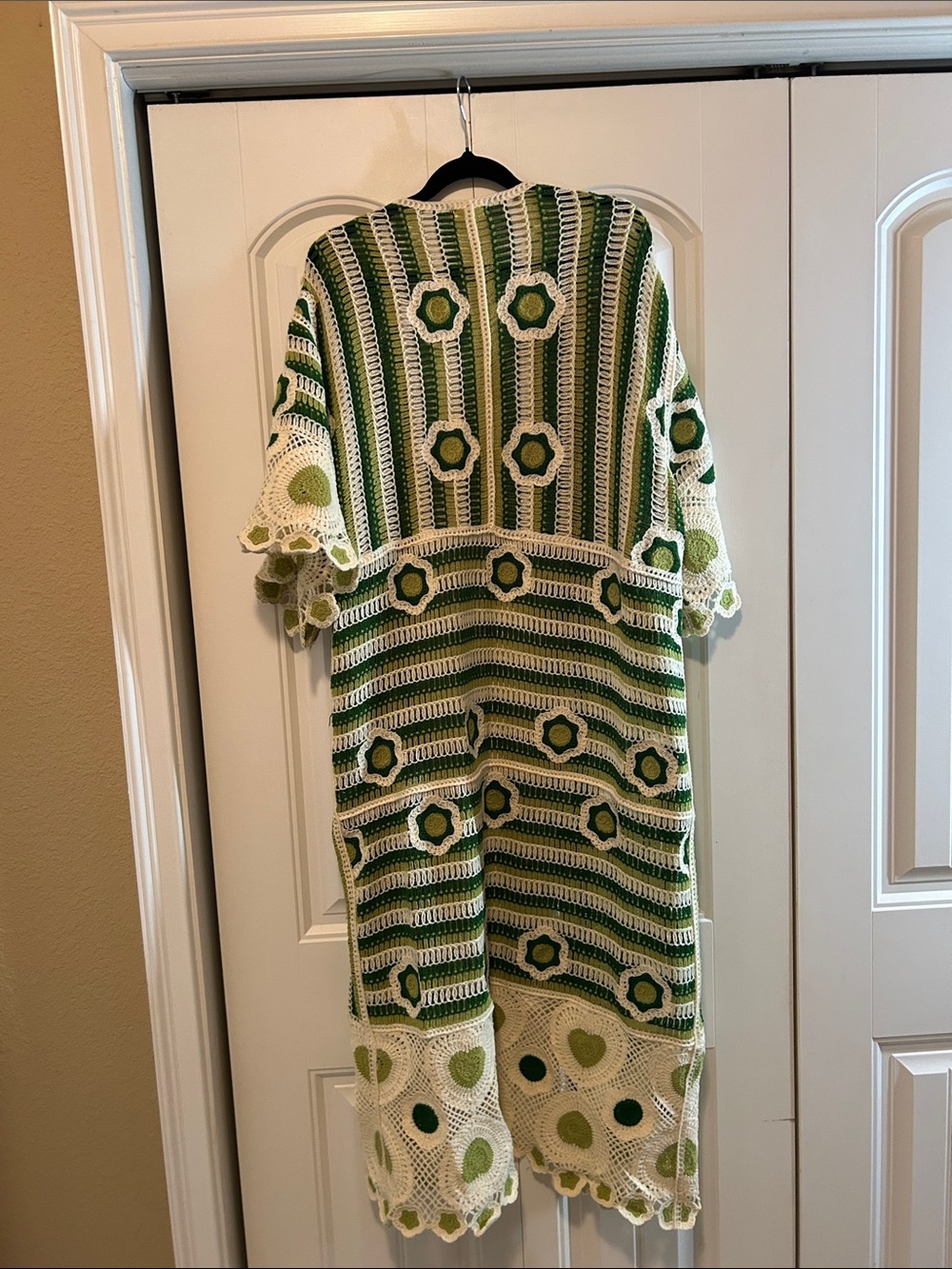 POL Crochet Open-Front Duster Cardigan - Green & White - Picture 4 of 6